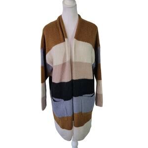 Dreamers Size M Neutral Stripe Open Front Drop Shoulder Knit Cardigan Casual‎